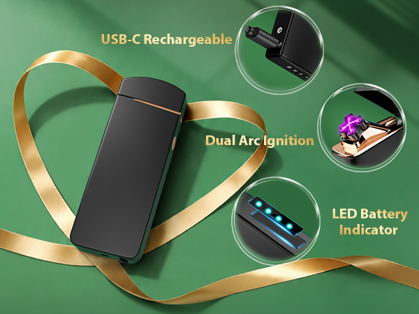 Text reads 'USB-C Rechargeable', 'Dual Arc Ignition', 'LED Battery Indicator'. Black cylindrical lighter with gold/orange fabric strap, showing product features in circular callouts.