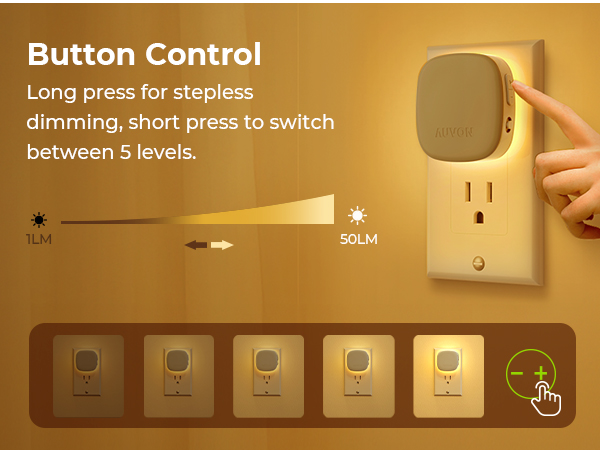 Long press for stepless dimming, short press to switch between 5 levels.