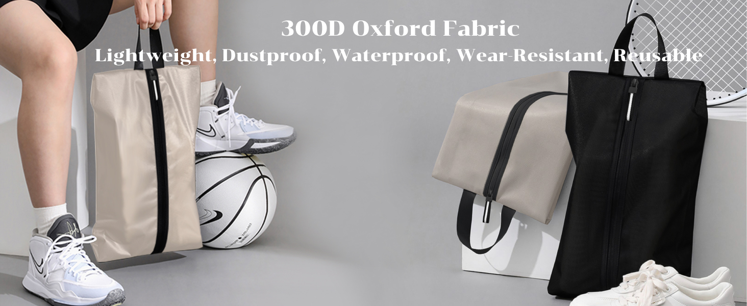 Lightweight, dustproof, waterproof tote bags made of 300D Oxford fabric. Shown in beige and black colors, with contrast handles and zippers. Basketball and tennis racket visible for context.