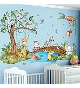 AM AMAONM Jungle Safari Watercolor Animals Wall Decals - Brown Tree with Leaves Peel & Stick Wall...