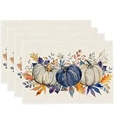RABUSOFA Dark Blue Pumpkins Eucalyptus Leaves Fall Placemats Set of 4, 12x18 Inch Autumn Thanksgi...