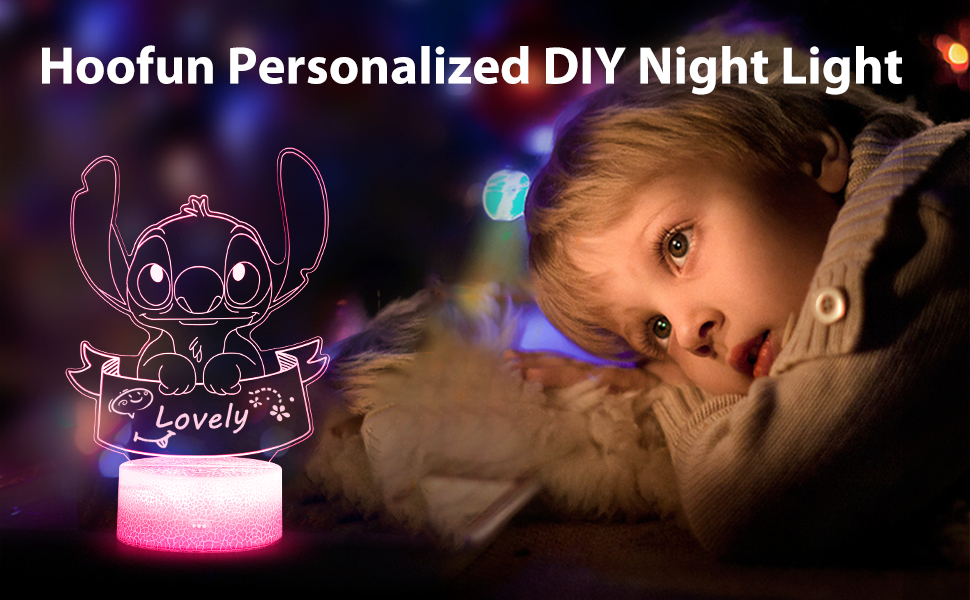 LED night light displaying illuminated Stitch character design with 'Lovely' text, creating purple-pink glow against dark background.