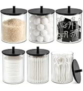 PureRoot Glass Qtip Holder Dispenser Set, 10oz & 15oz Clear Canisters Apothecary Jar with Black W...
