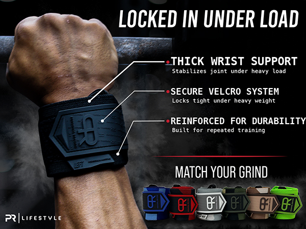 Athlete wearing black wrist wraps gripping barbell with text highlighting strength and support