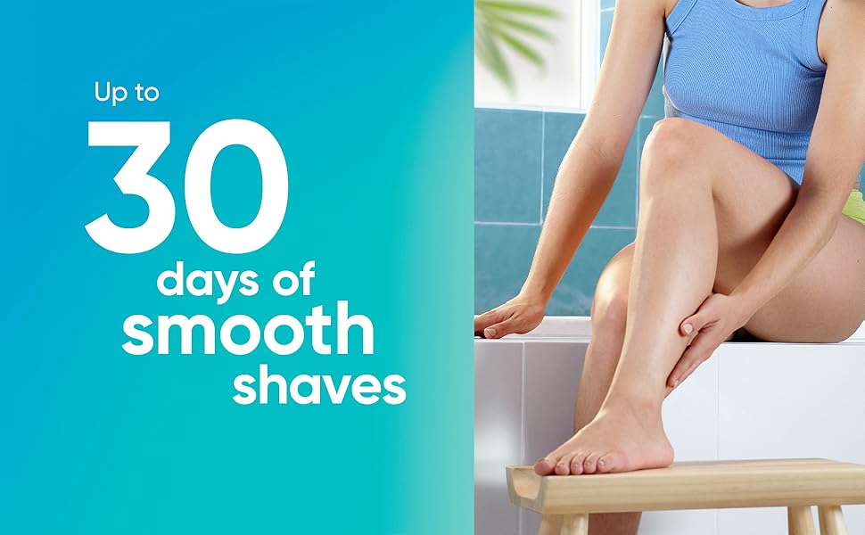 Woman admiring her smooth legs. Venus Smooth for up to 30 days of smooth shaves.