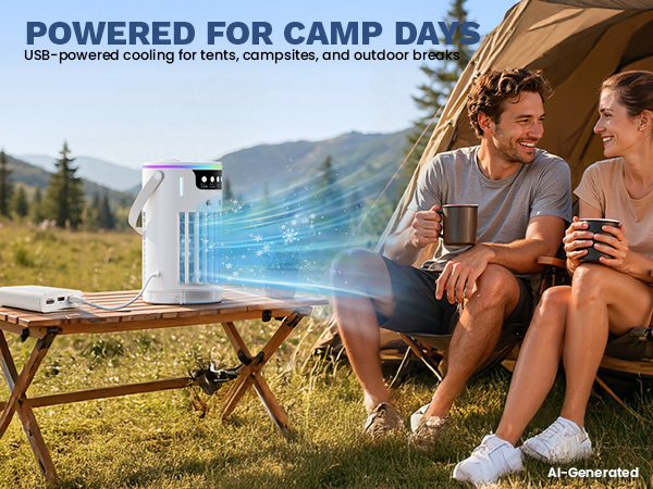 mini air cooler offers USB-powered cooling for tents, campsites, and outdoor breaks