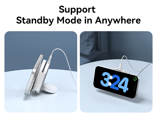 Text reads 'Support' and 'Standby Mode in Anywhere'. Phone stand product shown in multiple angles displaying digital clock reading '3:24' on screen, demonstrating various viewing positions.