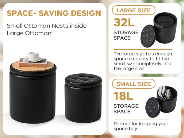 oakvivo Round Ottoman Foot Stool with Storage Set of 2, Storage Ottoman, Faux Leather Footstool