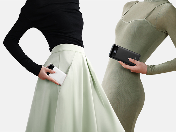 Two partial body shots: one wearing a black top and white skirt, another in a form-fitting beige outfit. Both holding smartphones.