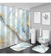 Nkzply 4 Pcs Blue Marble Shower Curtain Set White Bathroom Sets with Shower Curtain and Rugs Gold...
