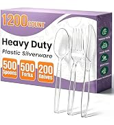 1200 Count Plastic Silverware Heavy Duty,Clear Disposable Plastic Utensils Set,500 Forks, 500 Spo...