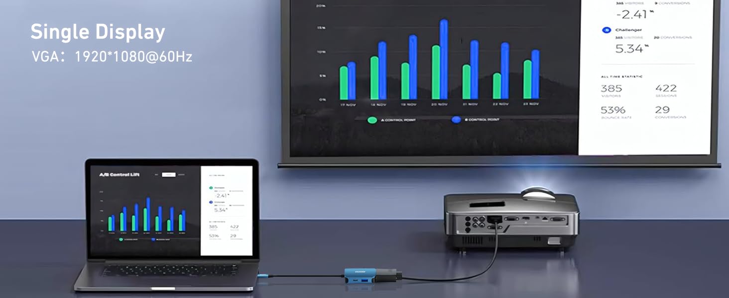 Text reads 'Single Display VGA: 1920*1080@60Hz'. Technical setup demonstrating laptop connected to monitor showing blue bar graph interface.