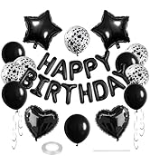 WEIKA 27 Pcs Black Birthday Decorations, 3D Foil Black Happy Birthday Balloon Banner, Pentagram H...