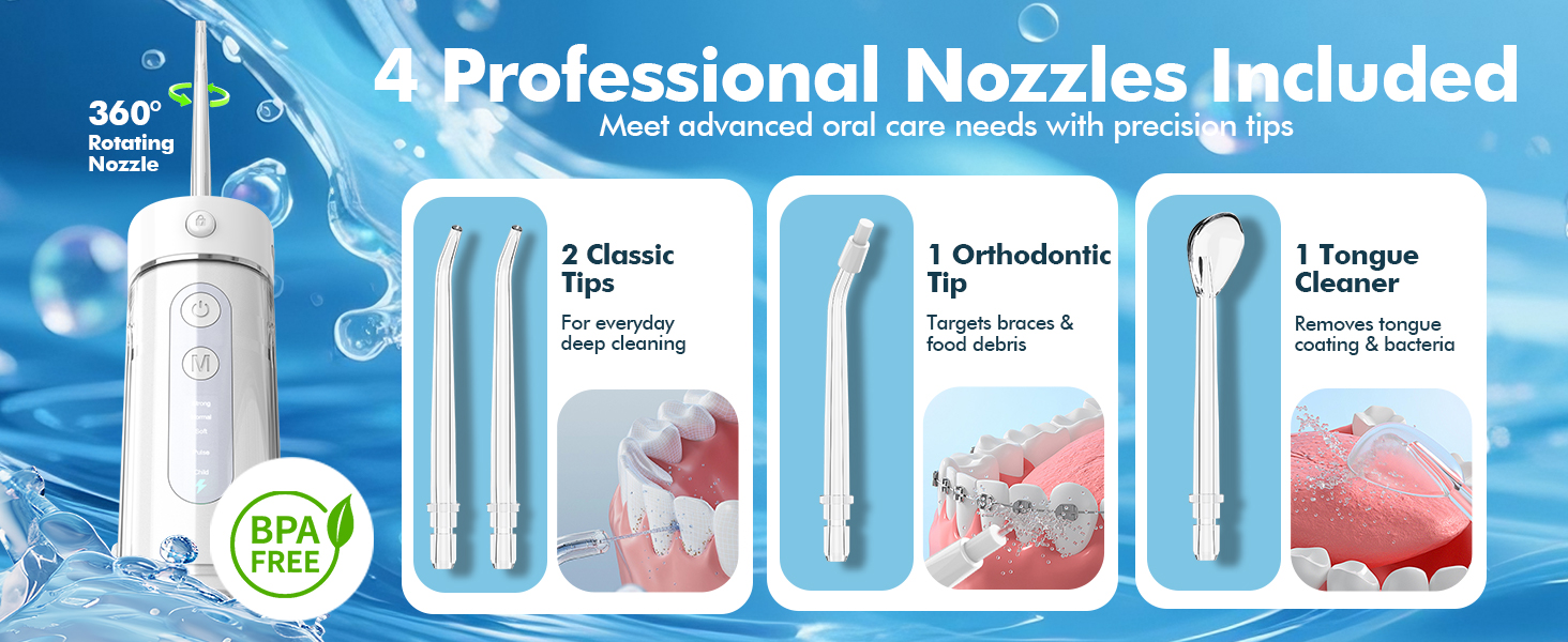 Text reads 'Professional Nozzles Included'. Diagram showing four different water nozzle attachments with specifications and spray patterns illustrated in blue and white.
