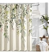 De-Mediocre Linen Sage Green Eucalyptus Shower Curtain, Watercolor Plant Leaves with Floral Bathr...