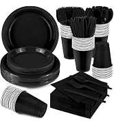 Aodaer 400 Pieces Black Party Supplies Disposable Dinnerware Set Include Plastic Plates Cups Kniv...