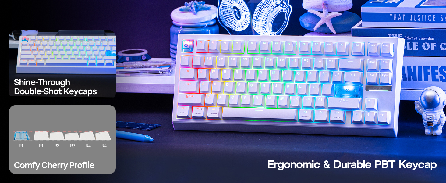 Text reads 'Ergonomic & Durable PBT Keycaps'. Gaming keyboard with illuminated RGB backlit keys shown from multiple angles.