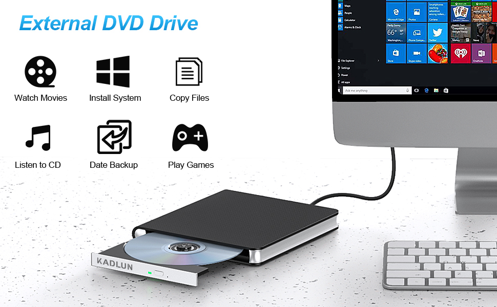 Slim external DVD drive connected to computer. Icons show multiple functions: watching movies, installing systems, copying files, and playing games.
