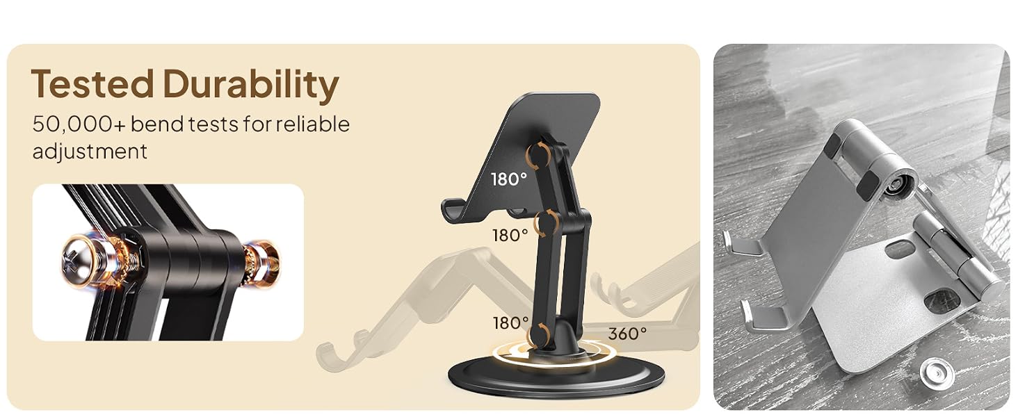 Product durability demonstration showing 50,000+ bend tests, 180-degree adjustable mount, and close-up of metal mounting mechanism.