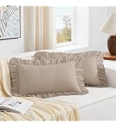 KKJIAF Khaki Lumbar Pillow Covers 12x20 Inch Set of 2, Microfiber Ruffled Pillow Shams, Ruffle Eu...