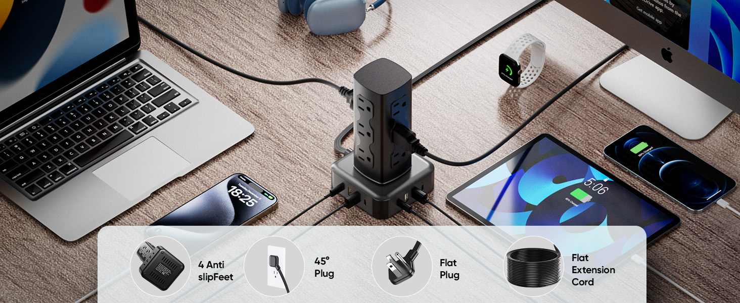 Tower Power Strip Surge Protector, Charging Station Tower