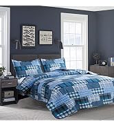 Quilt Set Queen Size Bedspread Coverlet Blue Plaid Patchwork Quilt Bedding Mens Boys Quilts Queen...