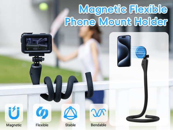Magnetic Flexible Phone Mount Holder for iPhone 16 15 14 Pro Max & Action Camera
