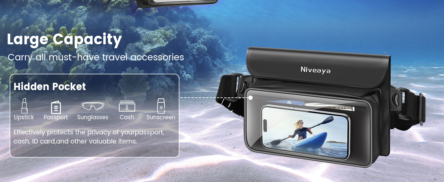 Large capacity Niveaya waterproof bag underwater holding phone, passport, and essentials.