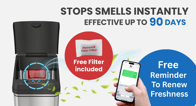 iTouchless trash can with AbsorbX odor filter and renewal reminders
