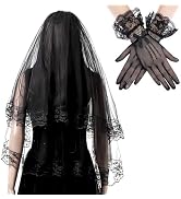YAEISM Black Lace Veil and Gloves Set Black Wedding Veil Short Lace Gloves Black Veils for Women ...