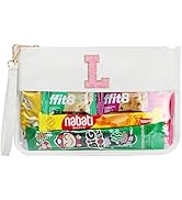 Personalized Initial Letter Clear Makeup Bag, Chenille Varsity Letter Flat Pouch with Zipper, Wat...