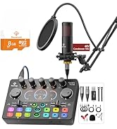 Podcast Equipment Bundle, Mixer with 48V XLR Condenser Microphone, TF card,5RGB,Surround Sound,Su...