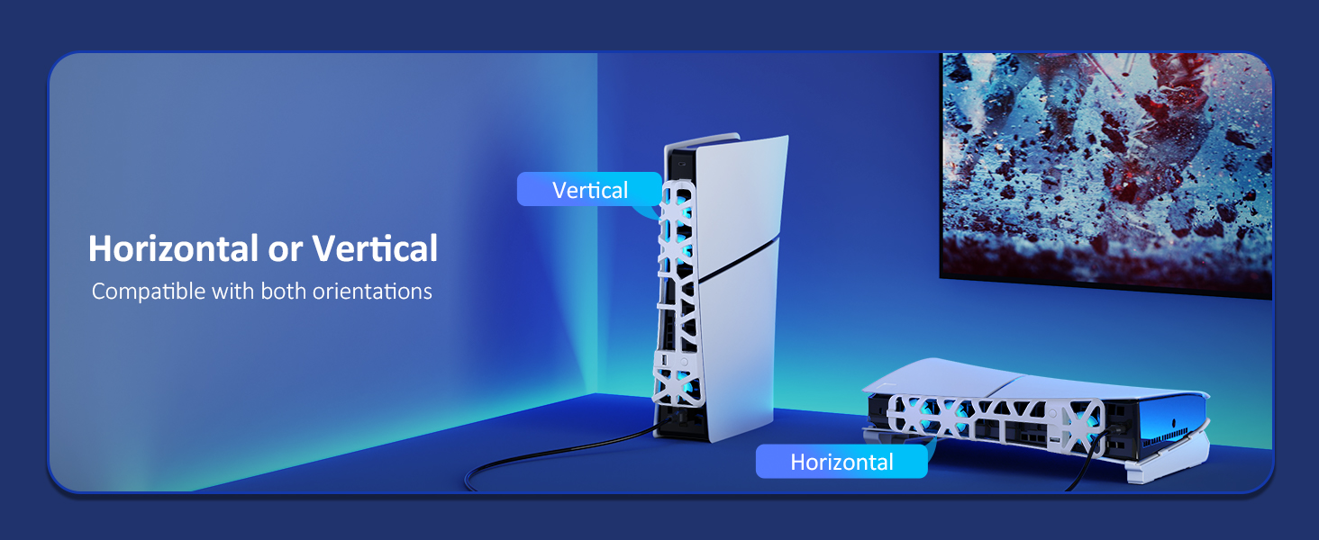 The cooling fan can be placed on the PS5 Slim whether it is positioned horizontally or vertically.