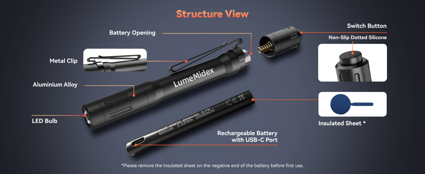 Pen Light, Pocket EDC Flashlight, Rechargeable, LED Pen Flashlight, Waterproof Flash Light