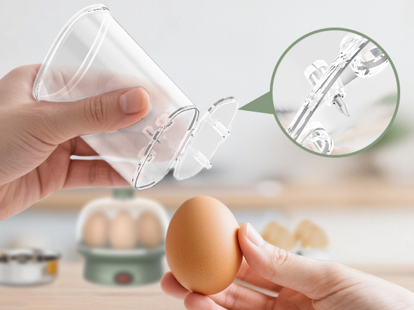 A hand holding a clear plastic egg separator over a brown egg. The separator features a curved design with small holes to allow egg whites to pass through.