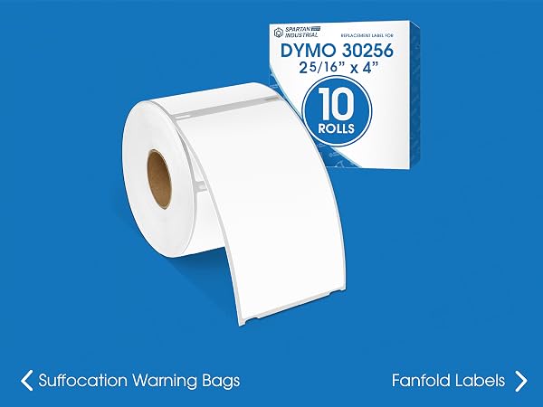 A roll of direct thermal labels in front of its packaging on a blue background.