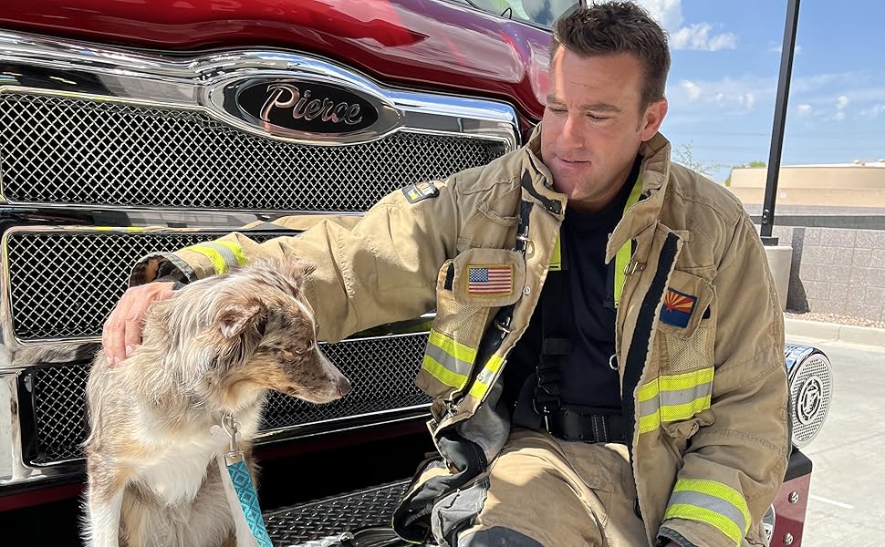 Firefighter with dog on fire engine
