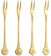 Dessert Forks Set of 4, Gold Floral Embossed Handle Mini Cocktail Forks | Stainless Steel, Mirror...