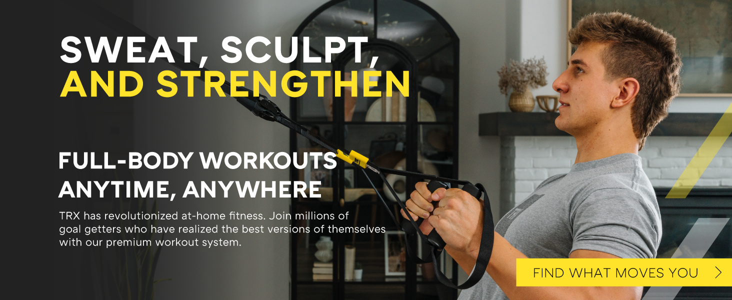 A person using Suspension Trainer workout straps. Text reads: Original workout system.