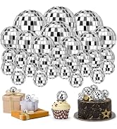 JOERSH 30 PCS Disco Ball Cake Decoration, Small Silver Reflective Mirror Ball Cake Topper, 70s Di...