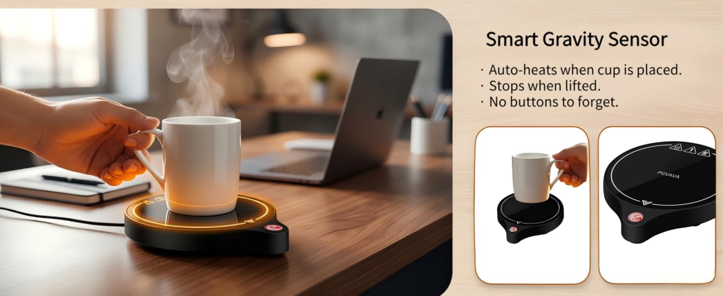 Gravity Sensor?5 Temp Levels?Temp Memory?Auto Pause/Resume?8h Auto Shut-off?Library-grade Silent