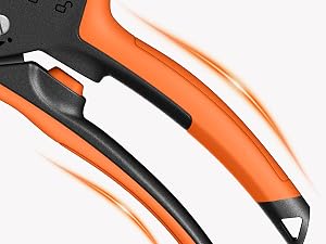Close-up sequence showing orange and black pruning shears or garden clippers from multiple angles, demonstrating the tool's cutting mechanism and ergonomic handle design.