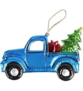 Christmas Pickup Truck Ornament Iron and Glass Pickup Truck Hanging Decoration Carrying Xmas Tree...