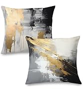 Supwhd Black and Gold Pillow Covers, Abstract White Black and Gold Pillow Covers 18x18 Set of 2, ...