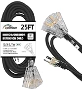 HONDERSON 25 FT Lighted Outdoor Extension Cord with 3 Power Outlets,12/3 SJTW Heavy Duty Black Ex...