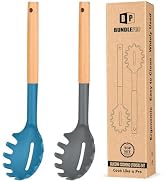 Pack of 2 Spaghetti Spoon, Silicone Pasta Fork with Wooden Handle, Heat Resistant Noodle Spoon Se...