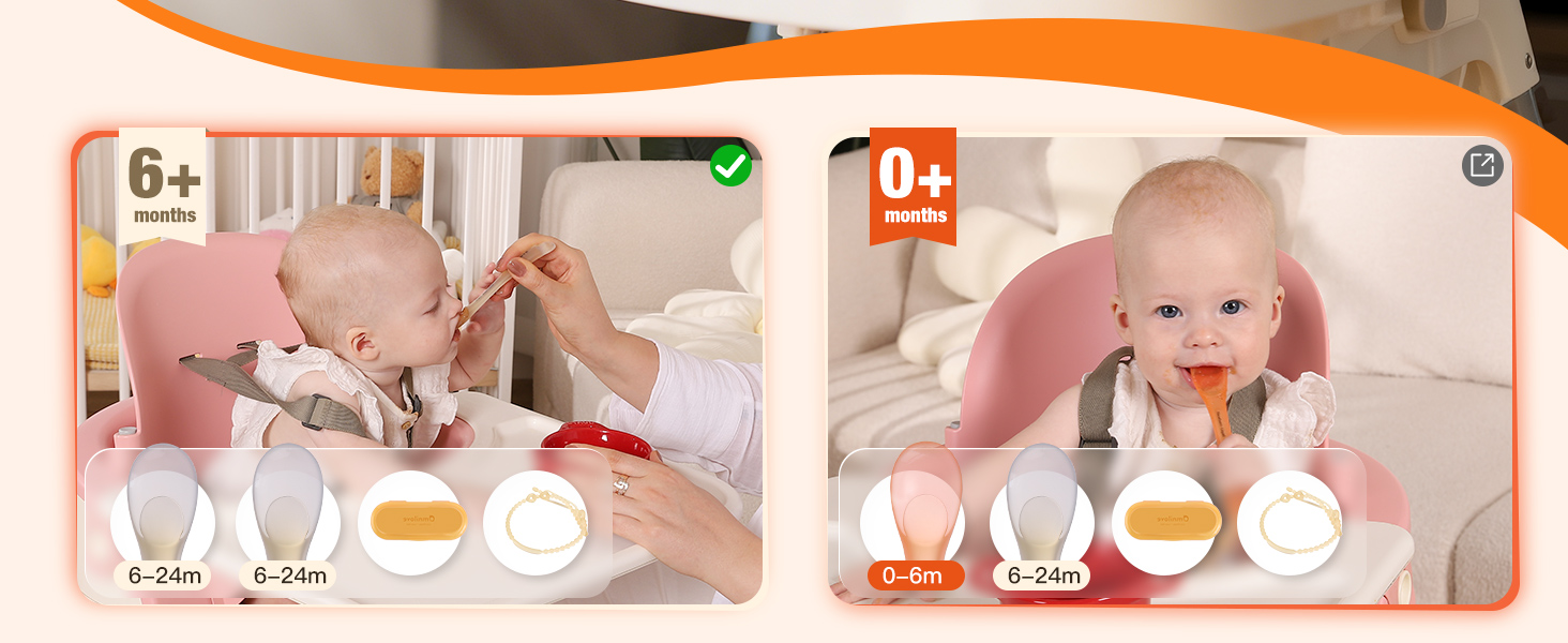 6+ months baby spoon set with two silicone spoons case and safety chain