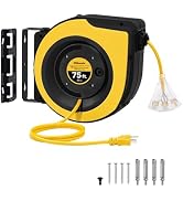 WILAWELS Retractable Cord Reel, 75 FT Heavy Duty Extension Cord, 14AWG/3C SJTOW, 3 Grounded Outle...