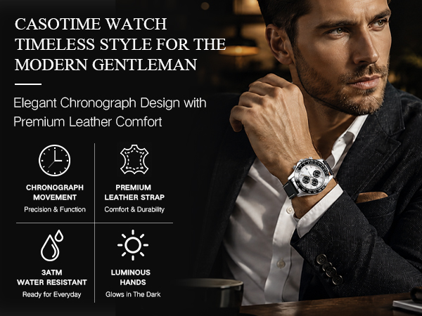 Casotime Watches for Men Leather Band Chronograph Silver and Black