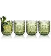Topsky Vintage Drinking Glass Set of 4,12 oz Embossed Floral Drinkware Set,Green Drinking Glasses...